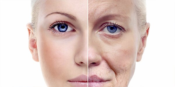 left side shows youthful skin, right side of photo shows aged skin